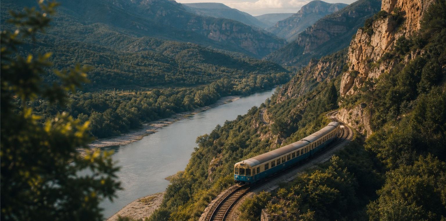 Regional train curving through a green river valley