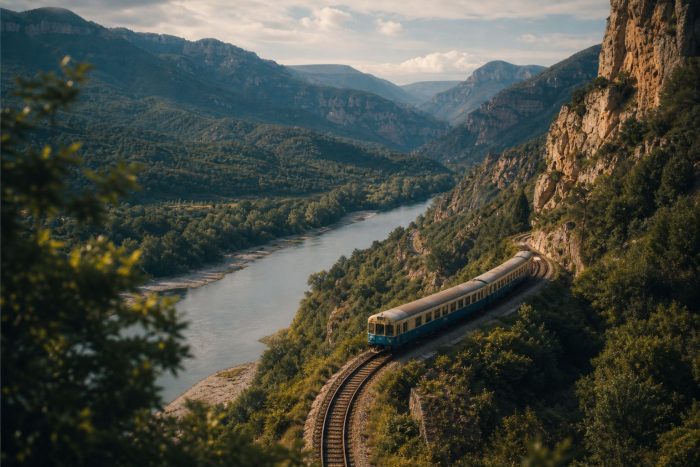 Regional train curving through a green river valley