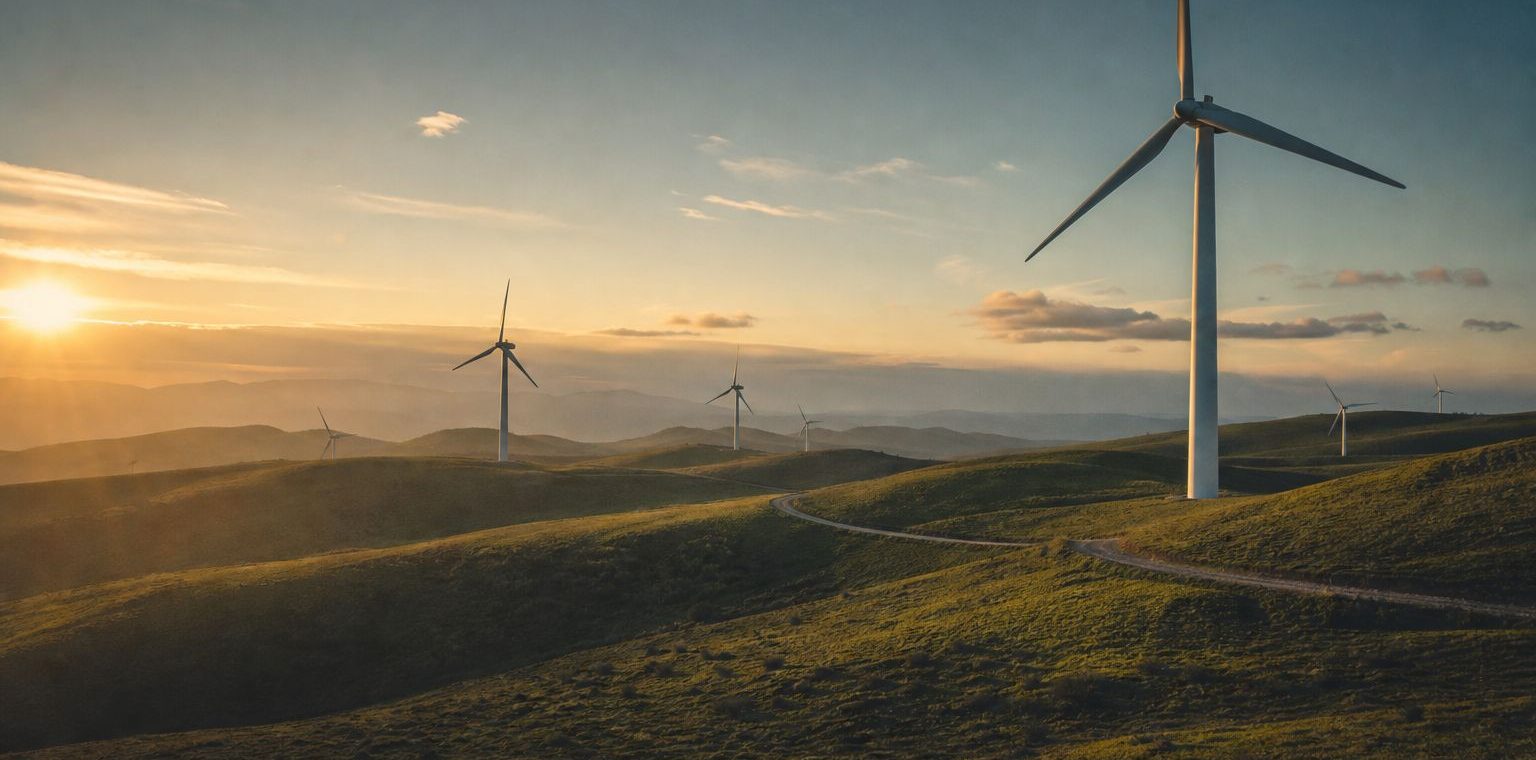 Wind turbines on green rolling hills at dawn