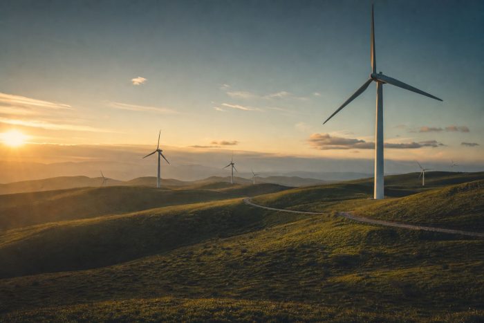 Wind turbines on green rolling hills at dawn