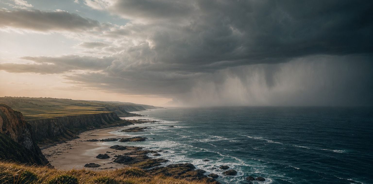 Coastal landscape under a vast, shifting sky