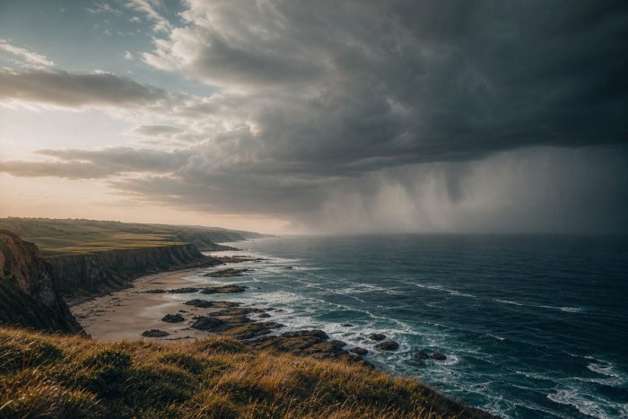 Coastal landscape under a vast, shifting sky