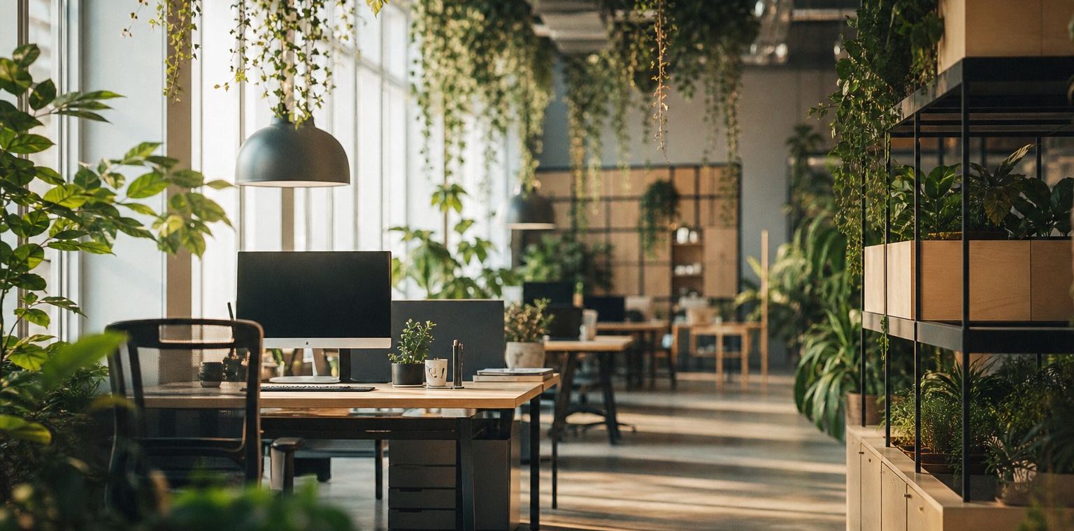 Modern sustainable office interior with green plants and daylight