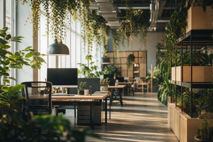 Modern sustainable office interior with green plants and daylight